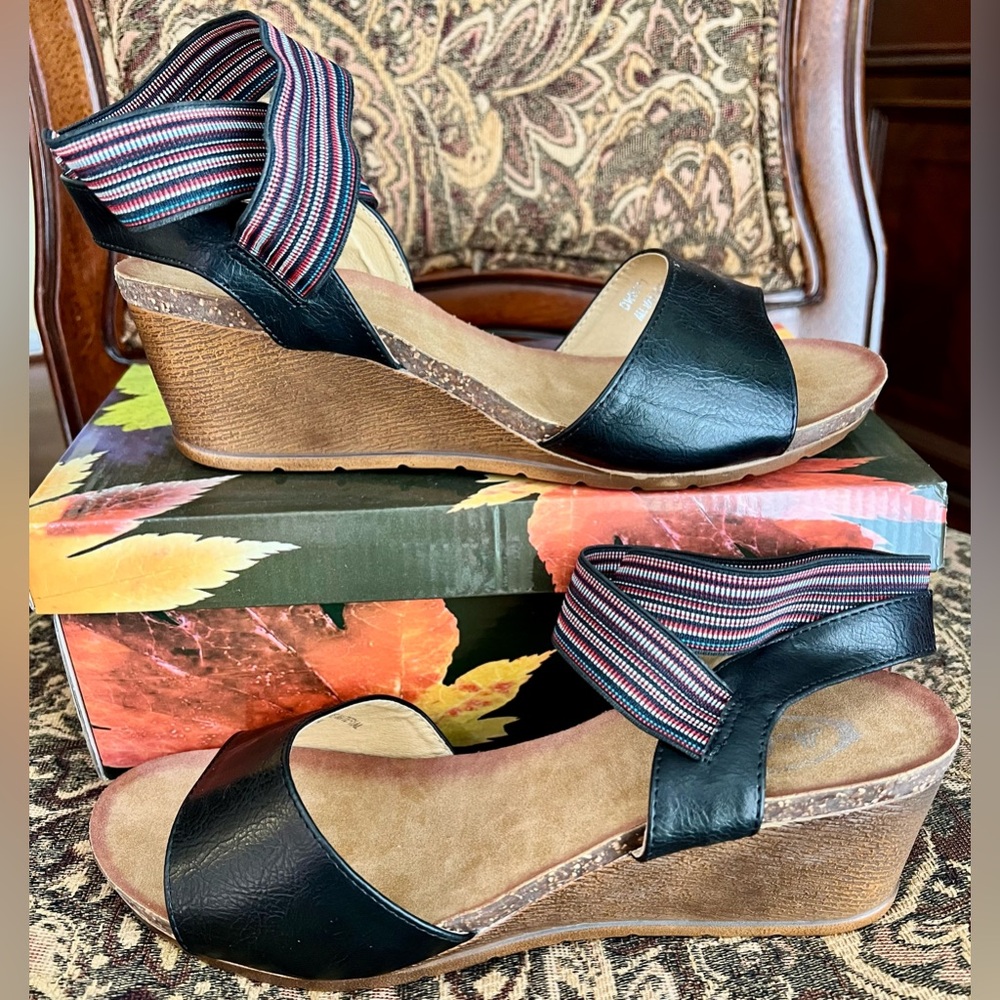 Italina Black Wedge Sandals with Striped Ankle Strap New